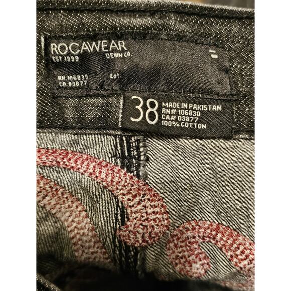 Vintage Y2K RocaWear Baggy Wide Leg Skater Jeans Red Embroidered Black 38X28 - Picture 3 of 11